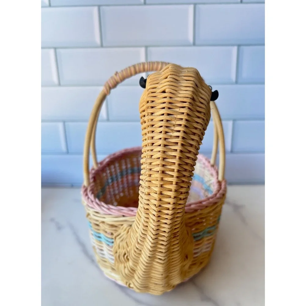 Vintage Woven Wicker Duck Basket Pastel Pink Blue Figural Animal Easter Decor